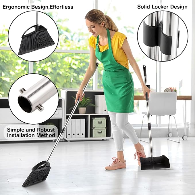 Yangbaga Long Handled Dust Pan and Broom Set for Home,Heavy Duty Metal Dustpans and Brooms,Upright Stand Up Design,54"Outdoor Broom and 38" Dustpan Combo for,Lobby Floor, Yard,Home Kitchen Office Use