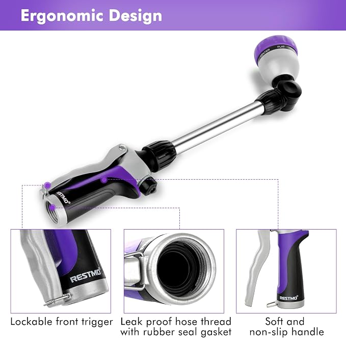 RESTMO Heavy Duty Metal Hose Wand, Watering Wand for Garden Hose | 180° Swivel Ratcheting Head, 16'' Hose Sprayer, 7 Spray Patterns, Flow Control, Ideal for Hanging Baskets & Shrubs, Purple