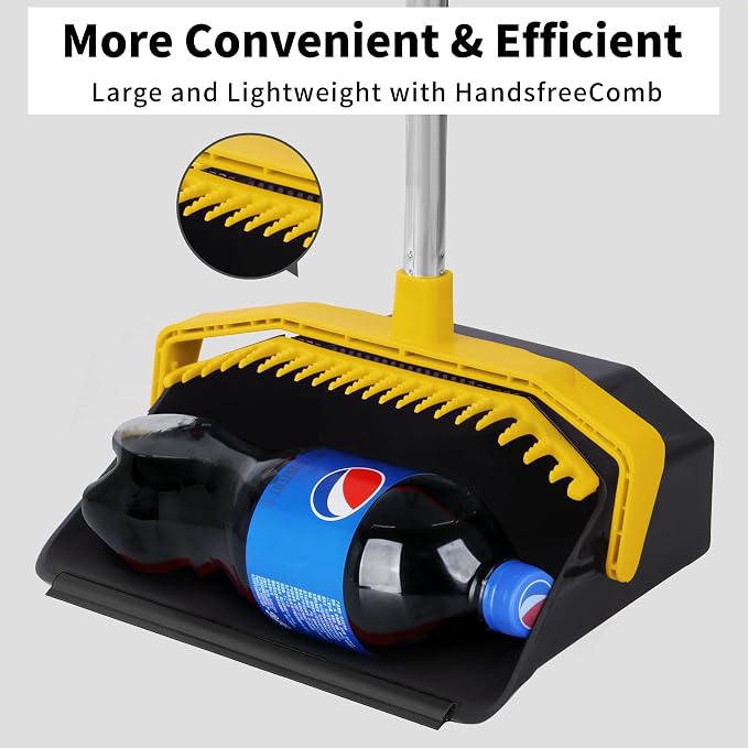 Broom and Dustpan Set for Home, 51" Long Handle Standing Pan Black Yellow | Self-Cleaning Dust Pan and Brooms, ZeroGap Lip, Upright Storage Broom Combo for Kitchen Lobby Office Restaurant Indoor