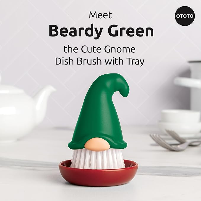 New! Beardy Gnome Dish Brush by Ototo - Gnomes, Quirky Gifts, Cute Kitchen Accessories, Funny Kitchen Gadgets, Vegetable Brush, Cute and Useful Gifts for Women (Green)