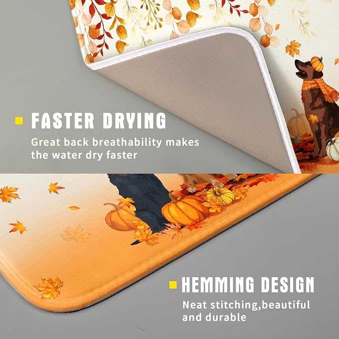 Giwawa Fall Dogs Dish Drying Mat Autumn Leaves Reusable Dishes Pad 16"x18" Holiday Microfiber Quick Dry Dish Drainer Rack Mat for Kitchen Counter
