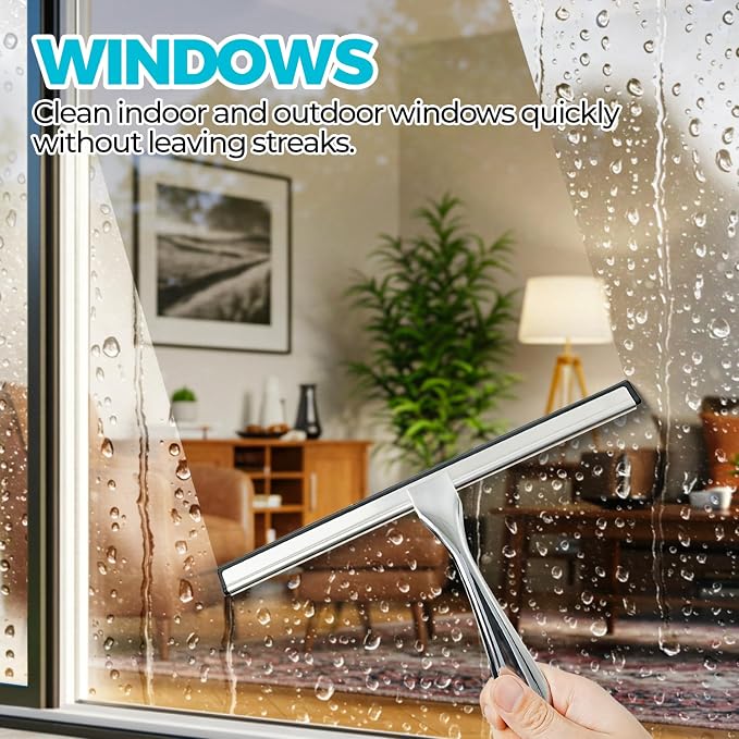 ALFLOD All-Purpose Shower Squeegee for Shower Doors, Tile Shower Walls, Bathroom, Window, Glass and Car Windshield, Mirrors and Kitchen-Stainless Steel, 9.5-Inch Silver