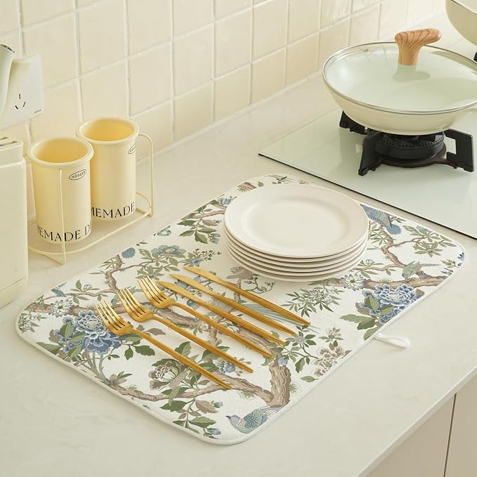 Blue Green Dish Drying Mat 18x24 Inch Chinoiserie Vintage Floral Bird Drying Mat Spring Summer Flower Seasonal Absorbent Dish Drying Pad Dish Rack Drainer Mats for Kitchen Dining Counter