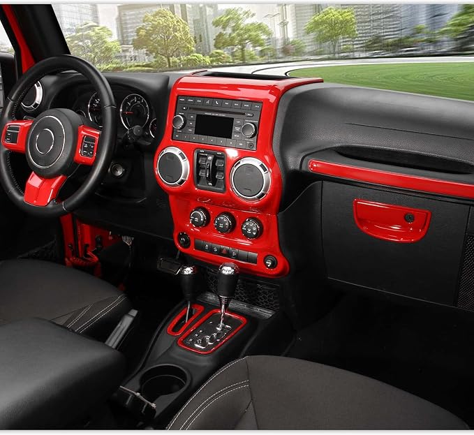 RT-TCZ 10PCS JK Interior Accessories Trim Kit for Jeep Wrangler 2011-2017 | Red JKU Center Console Dashboard Cover, Steering Wheel Decal, Gear Shift Panel, ABS Plastic, Tape-Easy Install