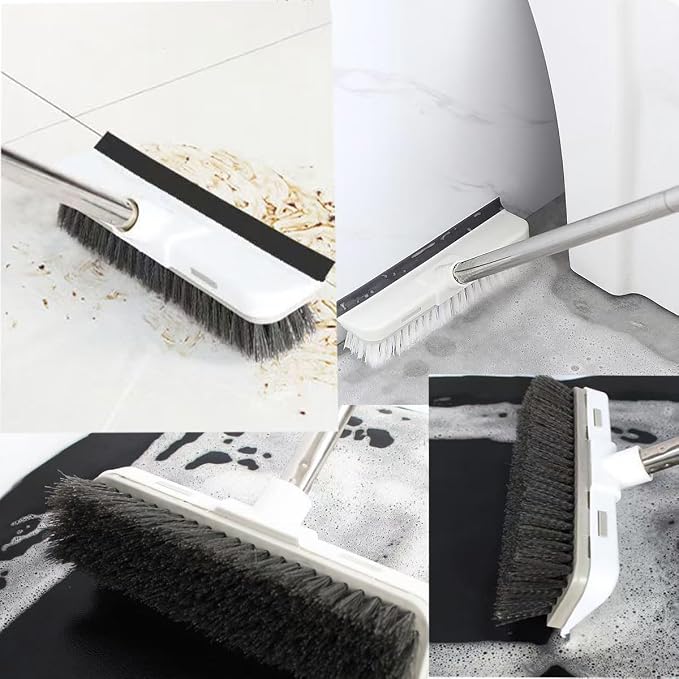 Floor Scrub Brush with Long Handle 2 in 1 Scrape Brush Stiff Bristle Floor Scrubber with Squeegee Cleans Kitchen, Wall, Tile, Grout, Tub for Cleaning Patio Bathroom Garage Wall Deck