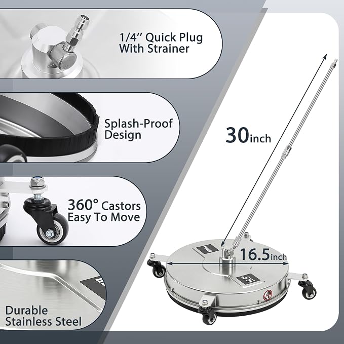Dalmbox 16.5" Pressure Washer Surface Cleaner, 4-Wheel Stainless Steel Rotary Attachment, 1/4” Quick Connect, 4000 PSI Cleaner for Patio, Driveway, Concrete & Sidewalk Power Washer Attachment