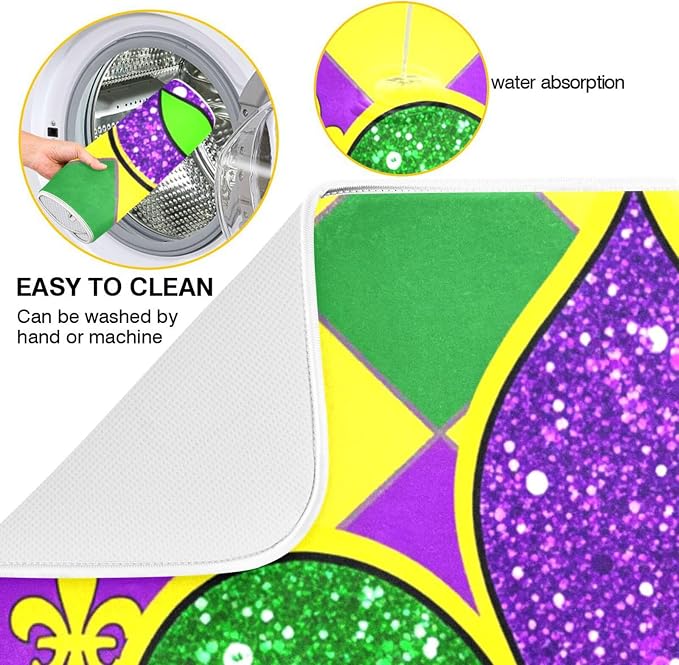 Mardi Gras Fleur De Lis Dish Drying Mat 16 X 18 Inch Rhombus Carnival Mask Absorbent Microfiber Dry Dishes Pads Tableware Mats Protector for Kitchen Countertops Counter Home Decorations