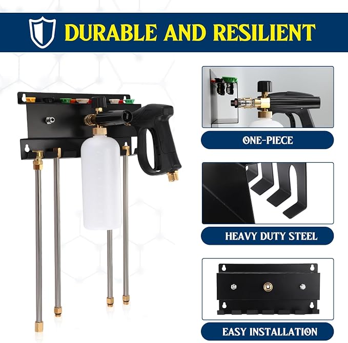 DoubleFill Pressure Washer Gun Holder, Wall Mount Foam Cannon Holder, Car Wash Accessories Organizer for Wand/Nozzle Tips, 1/4'' Pressure Washer Accessories Storage Rack(Black)