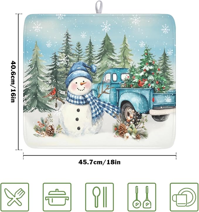 Giwawa Winter Snowman Blue Dish Drying Mat Xmas Truck Dishes Pad 16"x18" Microfiber Absorbent Drainer Rack Mats Protector for Kitchen Counter Sink