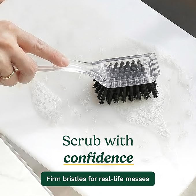 Cuisinart Dish Brush with Handle, 2 Pack, Firm Bristles | Multi-purpose dish scrubber for plates, pots, and pans, deep cleaning removes grease, safe for nonstick, built-in scraper