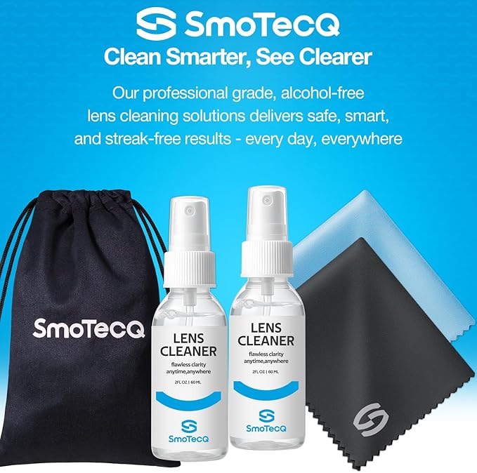 SmoTecQ Glasses Cleaner Kit – Alcohol-Free, Plant-Based Spray + Ultra-Soft Microfiber Cloths for Eyeglasses, Screens & Cameras – 2 x 2oz Spray Bottles + 2 Cloths + Travel Pouch Set