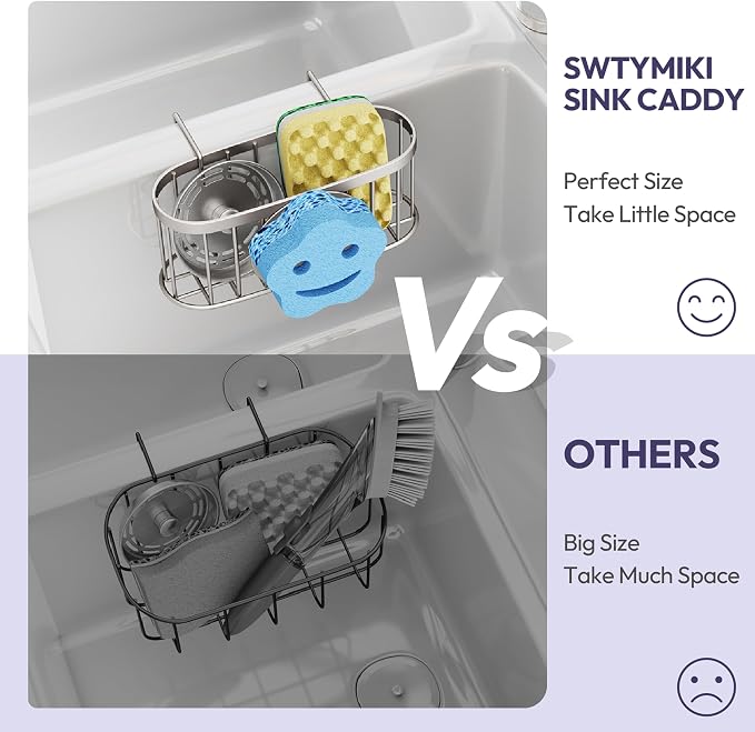 SWTYMIKI Sponge Holder for Kitchen Sink - Movable Sink Caddy with Smiley Face Sponge Holder, Rustproof Hanging Sponge Organizer in Double Bowl Sinks Depth>3.15in, Middle Divider<1.5in, Sand Nickel