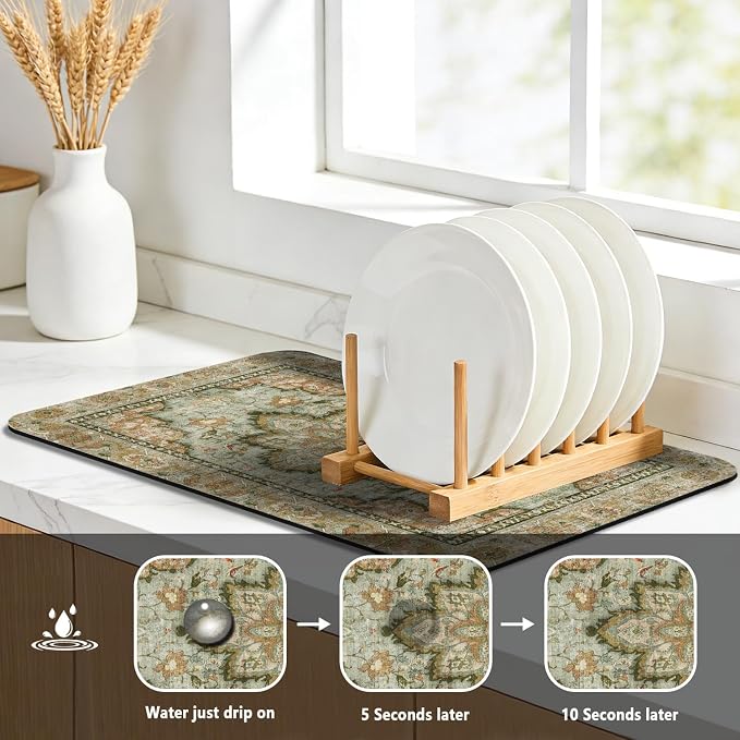 Dish Drying Mat, Vintage Rustic Boho Kitchen Dishes Absorbent Pad, 16x18in | Eco-friendly diatomite with non-slip rubber backing. Super absorbent mat for kitchen counters, coffee bars & sinks