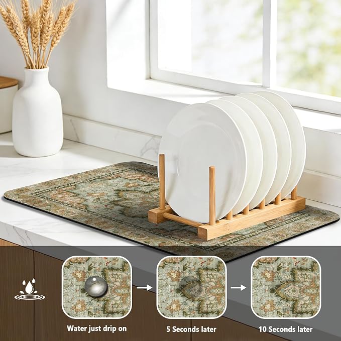 Dish Drying Mat, Vintage Rustic Boho Kitchen Dishes Absorbent Pad, 17x32in | Eco-friendly diatomite with non-slip rubber backing. Super absorbent mat for kitchen counters, coffee bars & sinks