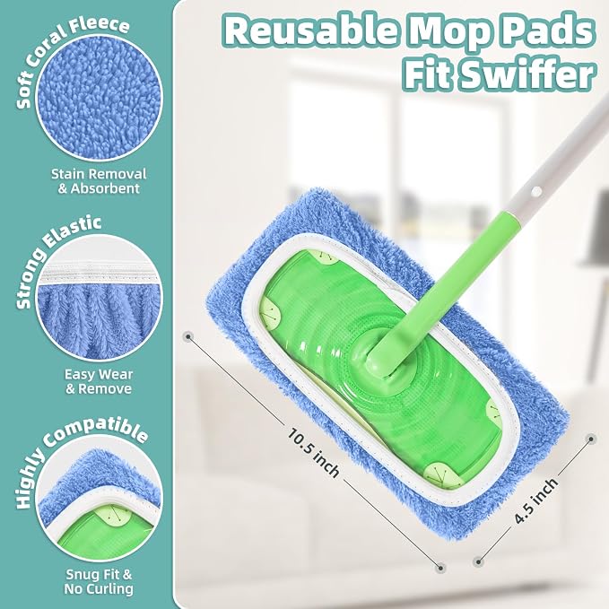 Reusable Mop Pads Compatible with Swiffer Sweeper Mop, Microfiber Dry Sweeping Cloths & Machine Washable Wet Pads Refill for Use on All Sealed Floors - Stone, Hardwood, Laminate & Tile (3 Blue)