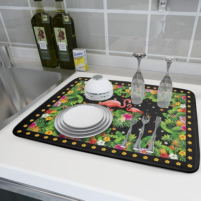 Giwawa Tropical Flamingo Dish Drying Mat Palm Leaves Absorbent Dishes Drainer Pad Microfiber Dish Rack Mat for Kitchen Countertop Decor 18x24 Inch