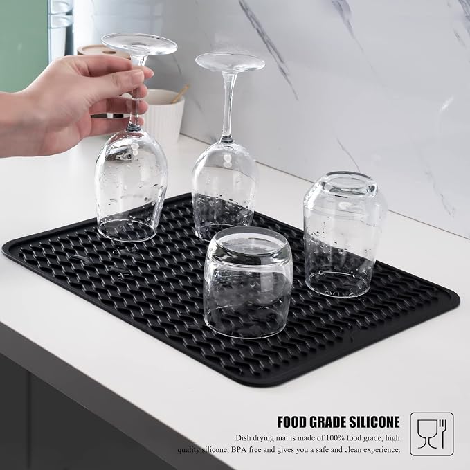 Silicone Dish Drying Mat, Non-Slip Easy Clean Sink Mat Large Heat-resistant Dish Drainer Mat for Kitchen Counter, Sink, Refrigerator or Drawer liner (16" x 12", BLACK)
