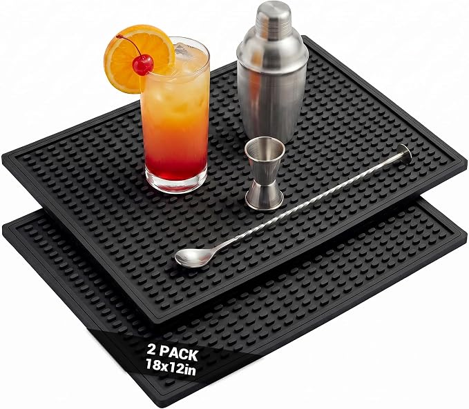 Rubber Bar Mat for Counter, Black 2 Pack 12"x18" grip-friendly Coffee Bar Mat, Heat Resistant & Spill-proof Countertop Protector Mat for Kitchen, Home Bar, Coffee Station, Easy Clean Dish Drying Mat