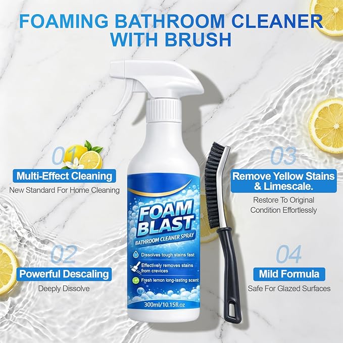 Bathroom Foam Cleaner Spray 10.15oz, Removes Soap Scum | Hard Water Stains & Dirt, Lemon Scent, Shower Cleaner for Shower Tile Toilets Tub & Sink Included Crevice Brush