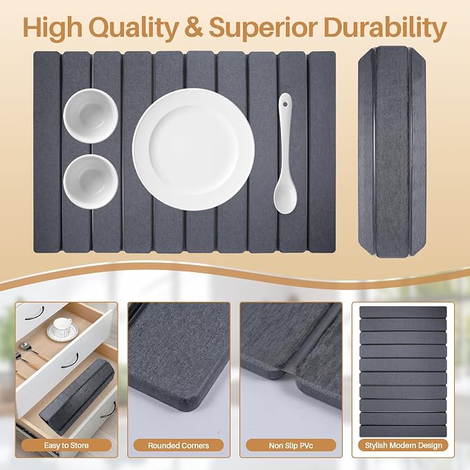 2 PCS Quick Dry Stone Dishes Mats for Kitchen Counter,Collapsible Quick Drying Dish Mats,Ultra Absorbent Diatomaceous Earth Mats for Dishes Bottles Cups, Match Any Countertop（Dark Gray 24"×16"& 8"x4"）