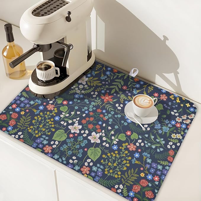 Flower Floral Dish Drying Mat 18x24 inch Microfiber Navy Blue Drying Mats with Hanging Loop Absorbent Green Leaves Dish Drainer Mat Reversible Flowers Drying Pad for Kitchen Counter Sink