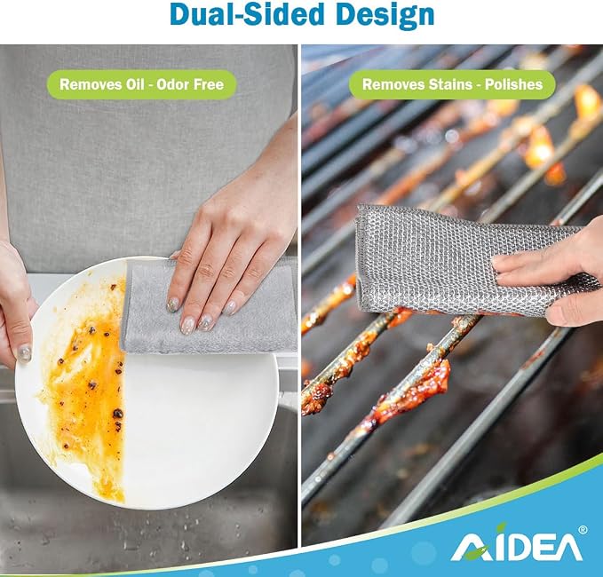 AIDEA Non Scratch Wire Dishcloth 12PK, Wire Dishwashing Rag for Wet and Dry, Dual Sided, Washable Dish Rags, Cleaning Pads Steel Scrubber for Cookware, Sinks, Dishes, Stove Tops, 7"×8"