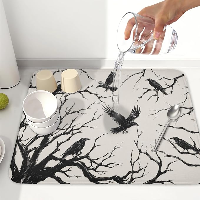 Halloween Crows Dish Drying Mat for Kitchen Counter Vintage Spooky Black Tree Branches Raven Pattern Microfiber Dish Drainer Mat Rustic Absorbent Washable Drying Pad 16"x18"