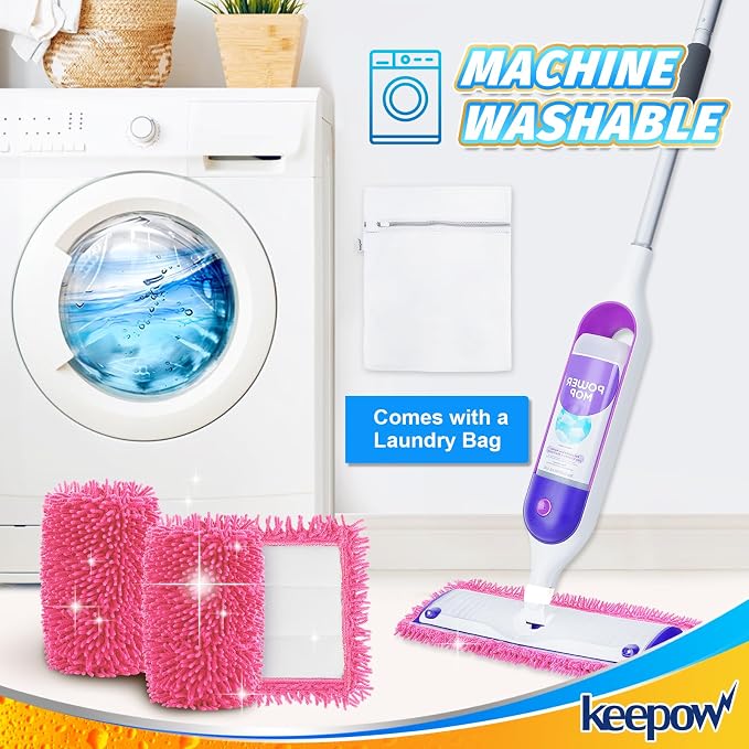 KEEPOW 4 Pink Reusable Mop Pads Compatible with Swiffer PowerMop | Mop Refill Pads Replacement for Swiffer Power Mop Spray Mop Pads for Multi-Surface Floor Cleaning