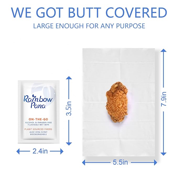 RainbowPana Flushable Wipes - 120 Count, ON-THE-GO Individually Wrapped - Travel Butt Wipes for Men and Women, Family - Infused with Vitamin E and Natural Aloe, pH Balanced, Paraben/Fragrance/Alcohol Free, 100% Plant Sourced Fibers - Cleanse and Moistu...