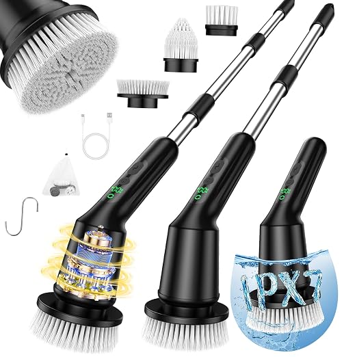 Electric Spin Scrubber for Cleaning Bathroom, Shower Scrubber Rotary Floor Brushes with IPX7 Waterproof & 2 Speed, 3 Brush Heads, Bathroom Cleaning Supplies for Toilet Shower Tub Dark