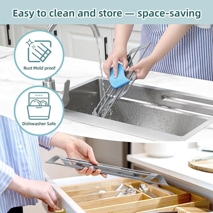 Ohuhu Triangle Roll Up Dish Drying Rack, Silicone Wrapped Steel Anti-Slip Sink Corner Rack Caddy Multipurpose Strainer for Kitchen Sink Trivet Space-Saving