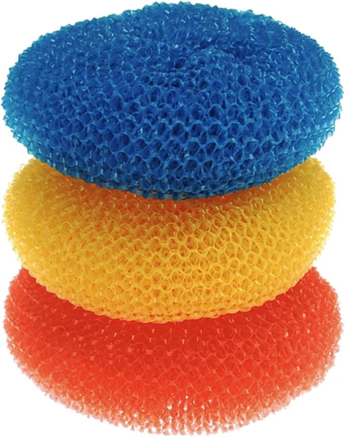 LOLA Plastic Mesh Scouring Pads - 3 Pack, 3.375" x 1.25", Non-Scratch Scrubbers to Clean Dishes, Assorted Colors - 1 Red, 1 Blue & 1 Yellow