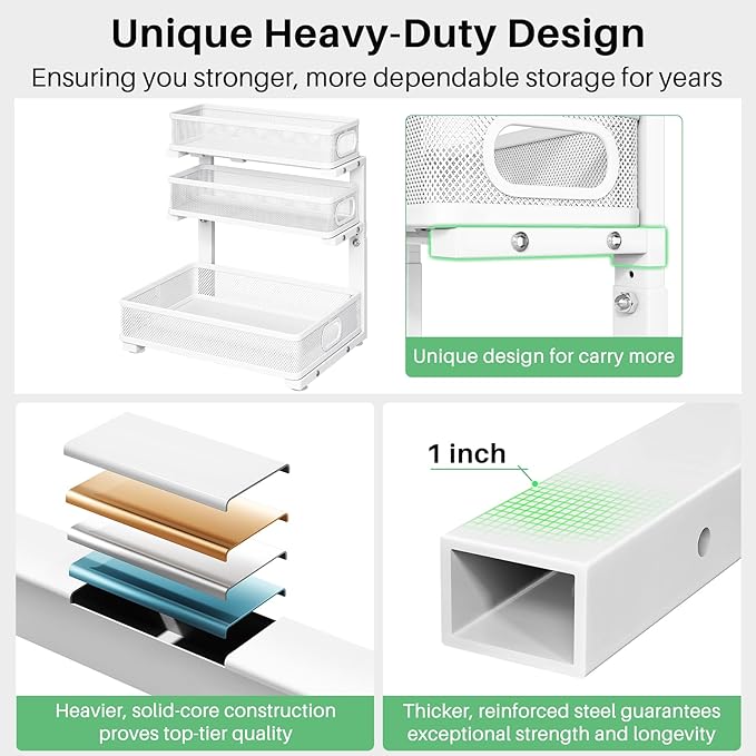Kitstorack Under Sink Organizer, 1-Pack 3-Tier Height Adjustable Thickened Metal Pull out Cabinet Organizer Shelf, Slide out Storage Drawer Rack for Bathroom Kitchen Pantry Home Laundry Organization