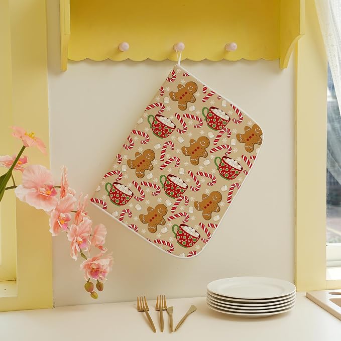 Christmas Dish Drying Mat 18x24 Inch Winter Brown Gingerbread Man Dish Drainer Protector Pad for Kitchen Counter Absorbent Marshmallow Candy Xmas Drying Pad for Drainer Rack Kitchen Fast Dry