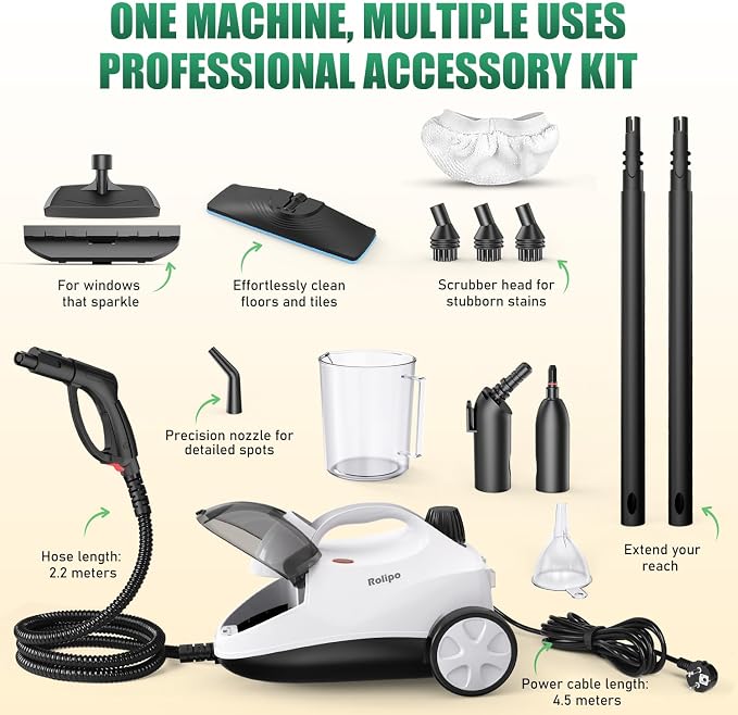 Rolipo Steam Cleaner for Home, High-Temp, 99.9% Stain Removal, Full Kit | Pressure: 4 bar, Tank: 2L, 2000W, Chemical-Free Cleaning, Multipurpose Steamer for Floors, Cars,Tiles, Kitchen Bathroom Grout