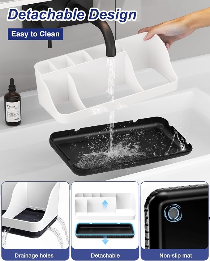 Bathroom Counter Organizer and Storage, 7 Slots Detachable Toothbrush Holders for Bathrooms, Anti-Slip Electric Toothbrush and Toothpaste Holder Countertop Vanity Organizer Accessories for Adults Kids