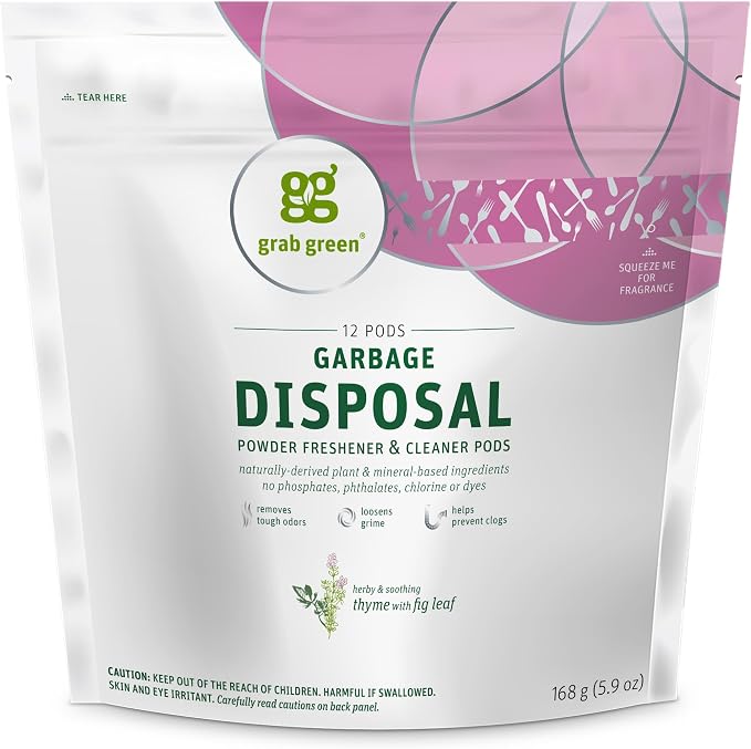 Grab Green Garbage Disposal Cleaner, 12 Pods, Thyme + Fig Leaf | Freshens garbage disposals; Plant & Mineral-Based; Removes Odors; Loosens Grime; Helps prevent clogs