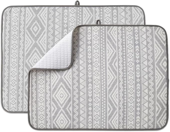 FRESHMINT Printed Dish Drying Mats for Kitchen Counter 2 Pack Absorbent Reversible Drying Mats Microfiber Kitchen Countertop Protector Dishes Drying Pad Extra Large 18"x24" Dish Mat