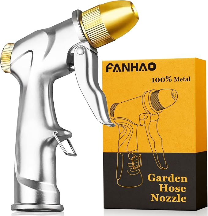 FANHAO Upgraded 100% Metal Garden Hose Nozzle Heavy Duty, High Pressure | Rustproof Water Nozzle Leak Proof, Hands-Free Lock, 4 Adjustable Patterns Sprayer for Watering Plant, Washing Car, Patio, Pet