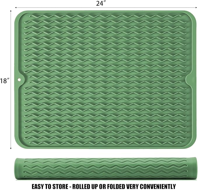 Large 24" x 18" Silicone Dish Drying Mat for Kitchen Counter, Easy clean, Quick Dry, Heat-resistant Dish Drainer Mat for Sink,Refrigerator or Drawer liner (Food Grade Silicone-Dark Green)