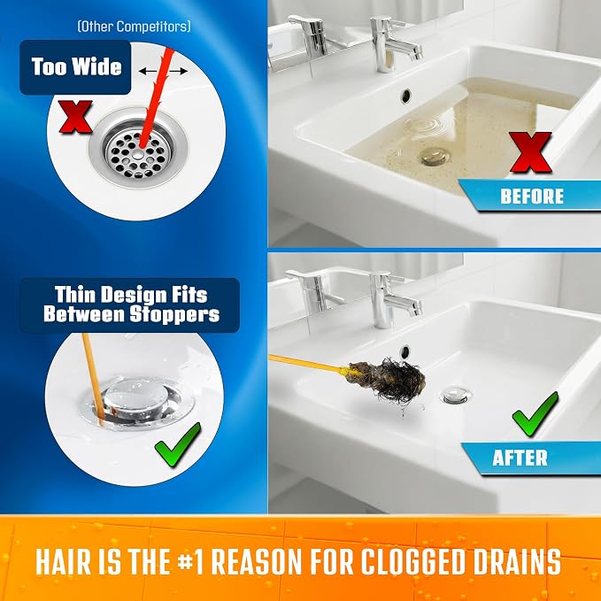 FlexiSnake Drain Weasel Sink Snake Hair Clog Remover Tool Kit, 10 Wands | Pipe, Bathroom, Bathtub Cleaner, 18-inch Long Refills, Flexible, Removable Handle, Made in The USA