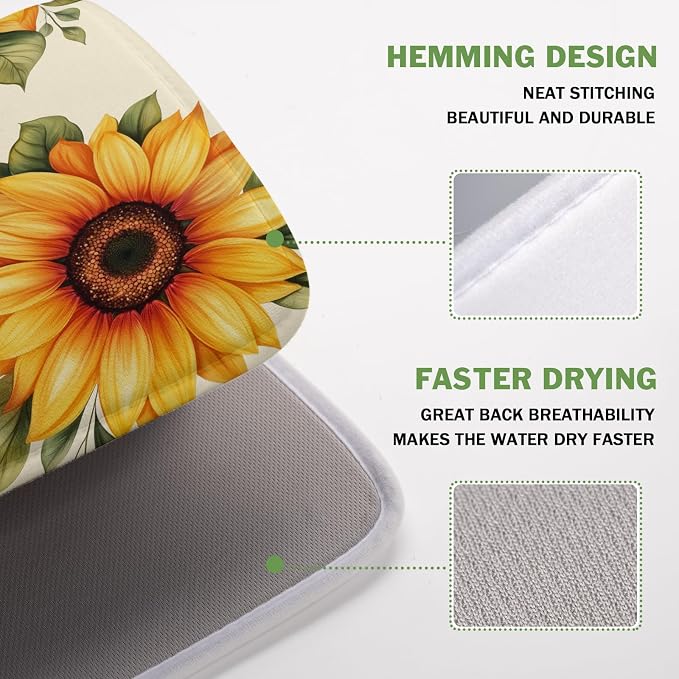 Sunflower Dish Drying Mat 16x18 Inch Absorbent Reversible Summer Drying Mat Sunflower Bee Dish Drying Rack Mat Yellow Summer Themed Dish Drainer Mat for Kitchen Counter Coffee Bar