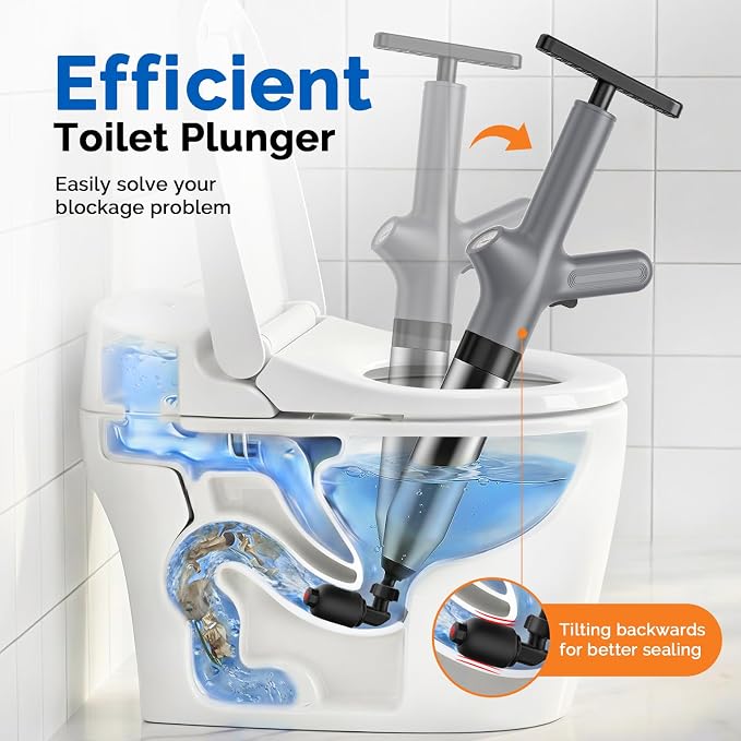HAMITOR Toilet Plunger Drain Clog Remover: High Pressure Air Plunger & Heavy Duty Toilet Snake with Barometer for Bathroom,Sink - Unclogging Tool for Failed Traditional Plungers, Grey