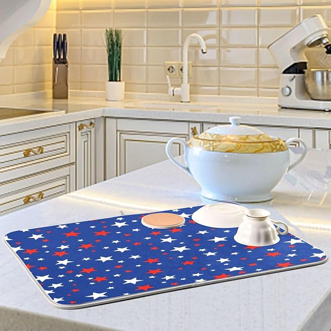 USA Patriotic Stars Memorial Dish Drying Mat 18 X 24 Inch Red Blue White Independence Day Dry Dishes Pads Tableware Mats Protector for Kitchen Countertops Counter Home Decorations
