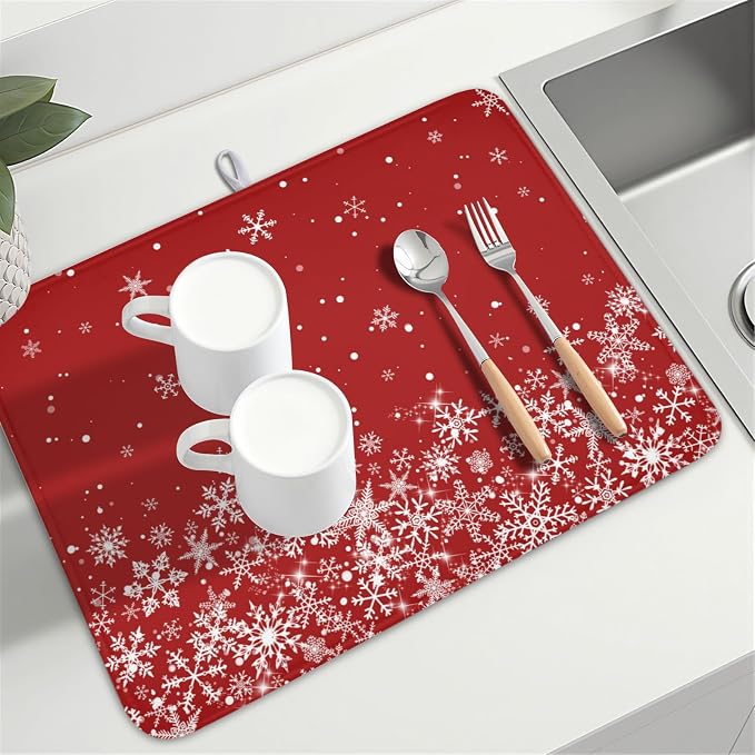 Christmas Dish Drying Mat for Kitchen Counter 18 x 24 Inch Xmas Snowflake Dish Drainer Mat Absorbent Microfiber Red Dish Rack Pad for Holiday Winter Coffee Dining Bar Decor