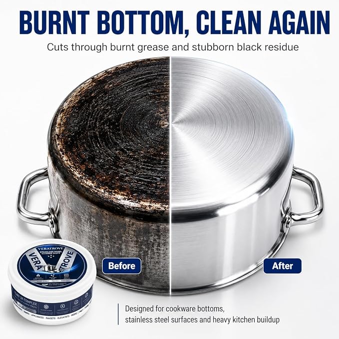 Stainless Steel Cookware Cleaner Paste for Pots and Pans | Non-scratch metal polish paste helps clean burnt stains, grease and grime on stainless steel pots, pans, cookware and sinks