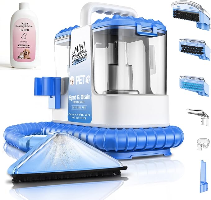 Portable Carpet & Upholstery Cleaner Machine for Pets, Spot, Stain, Couch Cleaner Machine with Powerful Suction and and Cleaning Solution, Car/Auto Detailer, Lightweight Compact Design, Blue
