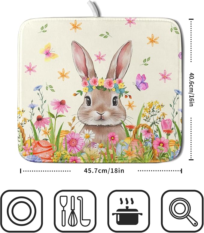 Easter Dish Drying Mat for Kitchen Counter Spring Easter Holiday Dish Drying Mat 16X18 Inch Reversible Absorbent Dish Pad Spring Wildflowers Dishes Drainer Pad Dish Drying Rack Mat for Countertop