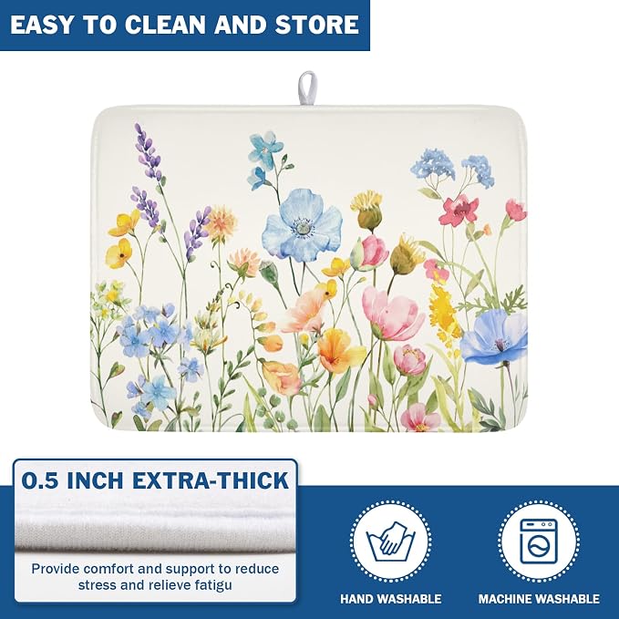 Botanical Floral Dish Drying Mat for Kitchen Counter 18x24 Inch | Wildflower，Polyester，Absorbent Microfiber，for Kitchen Coffee Dining Bar Decor