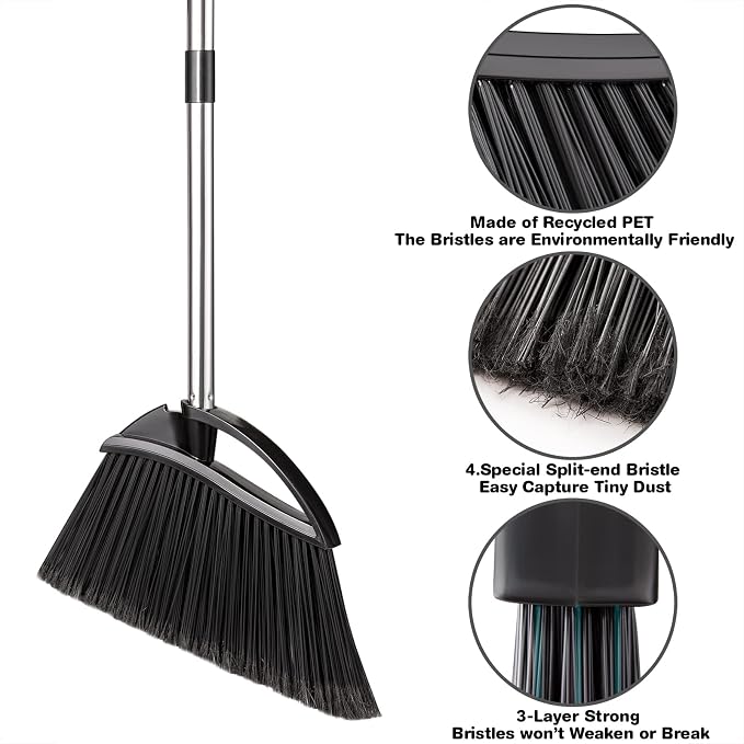 Yangbaga Long Handled Dust Pan and Broom Set for Home,Heavy Duty Metal Dustpans and Brooms,Upright Stand Up Design,54"Outdoor Broom and 38" Dustpan Combo for,Lobby Floor, Yard,Home Kitchen Office Use